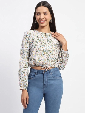 Madame Cotton Floral Print Drawstring Waist Multicolor Top MinimalistAesthetic BondedShoulder
