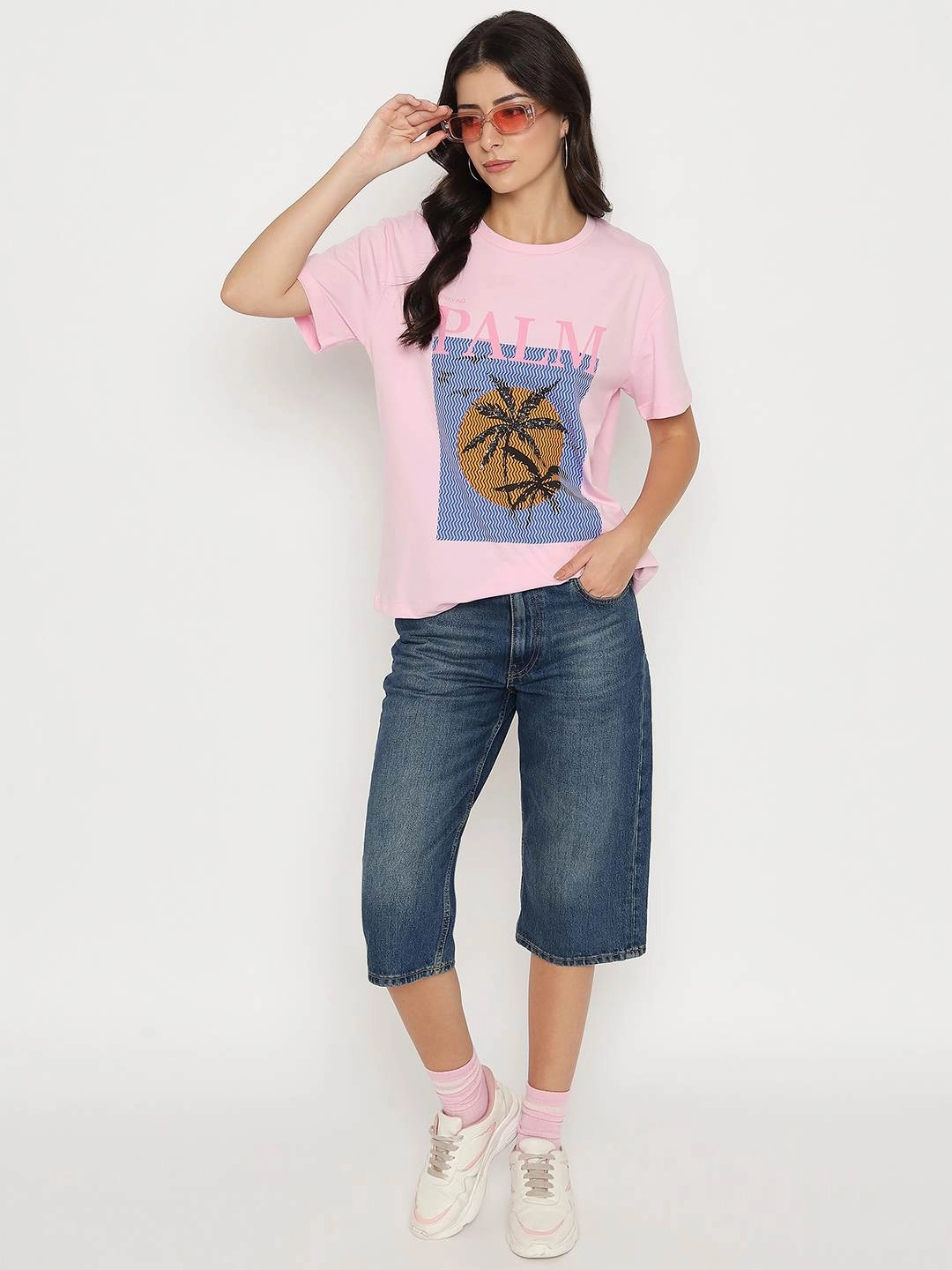 Ribbed Trims Madame Cotton Graphic Print Pink T-shirt