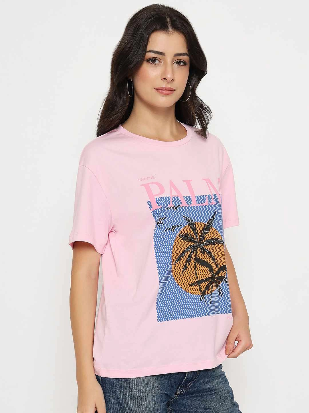 Ergonomic Shoulder Shape Madame Cotton Graphic Print Pink T-shirt