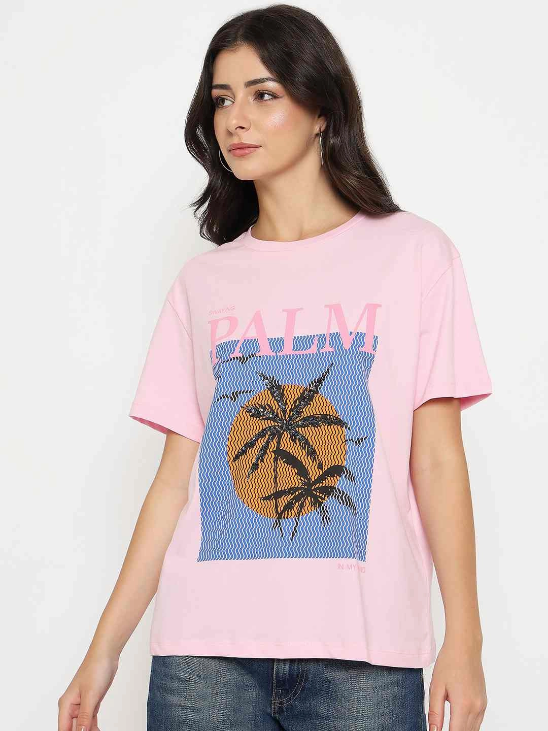 Madame Cotton Graphic Print Pink T-shirt Interlock Knit