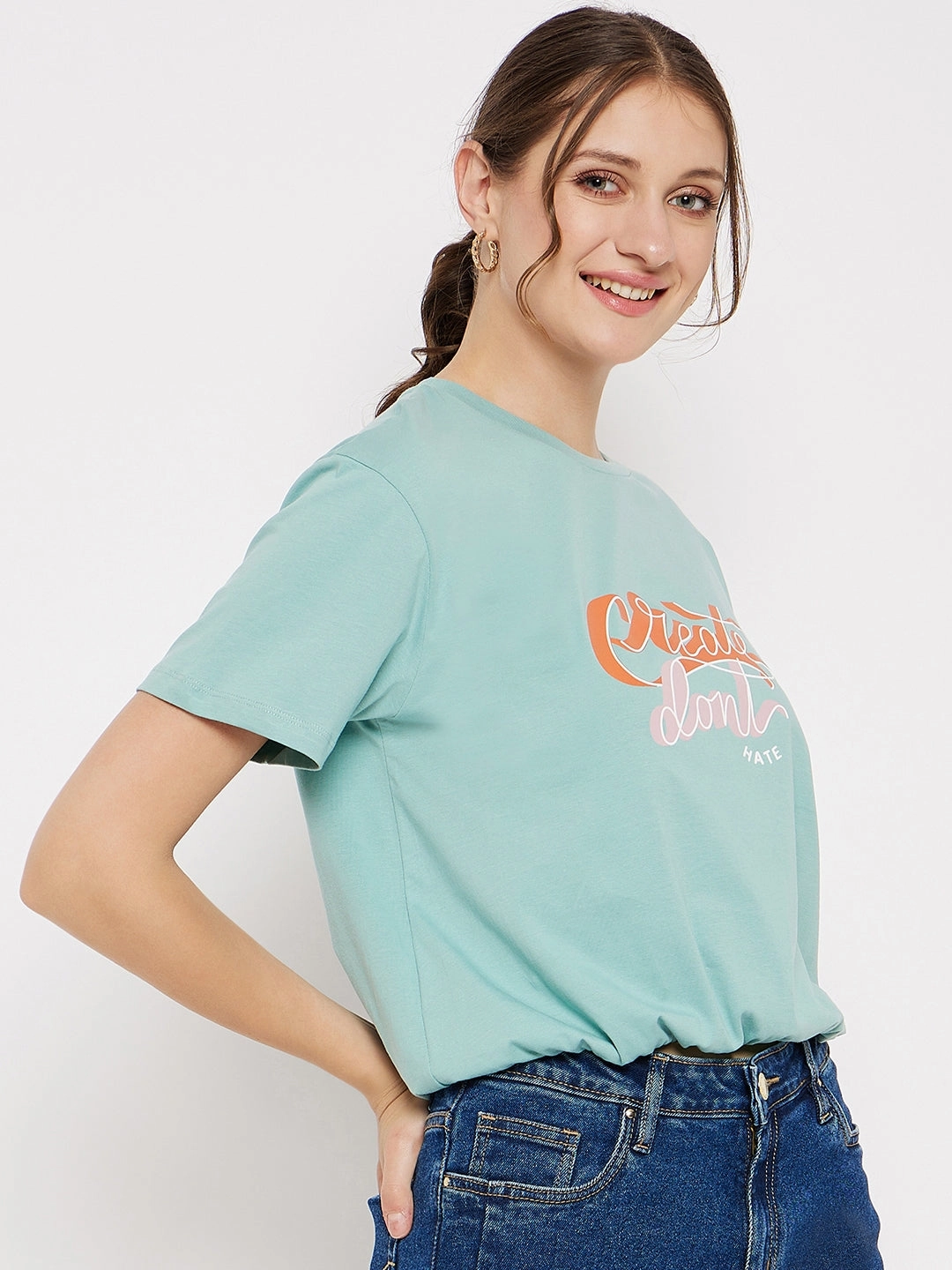 Madame Crew Neck Green Printed T-Shirt Sporty Blouse Friction Resistant Shoulder