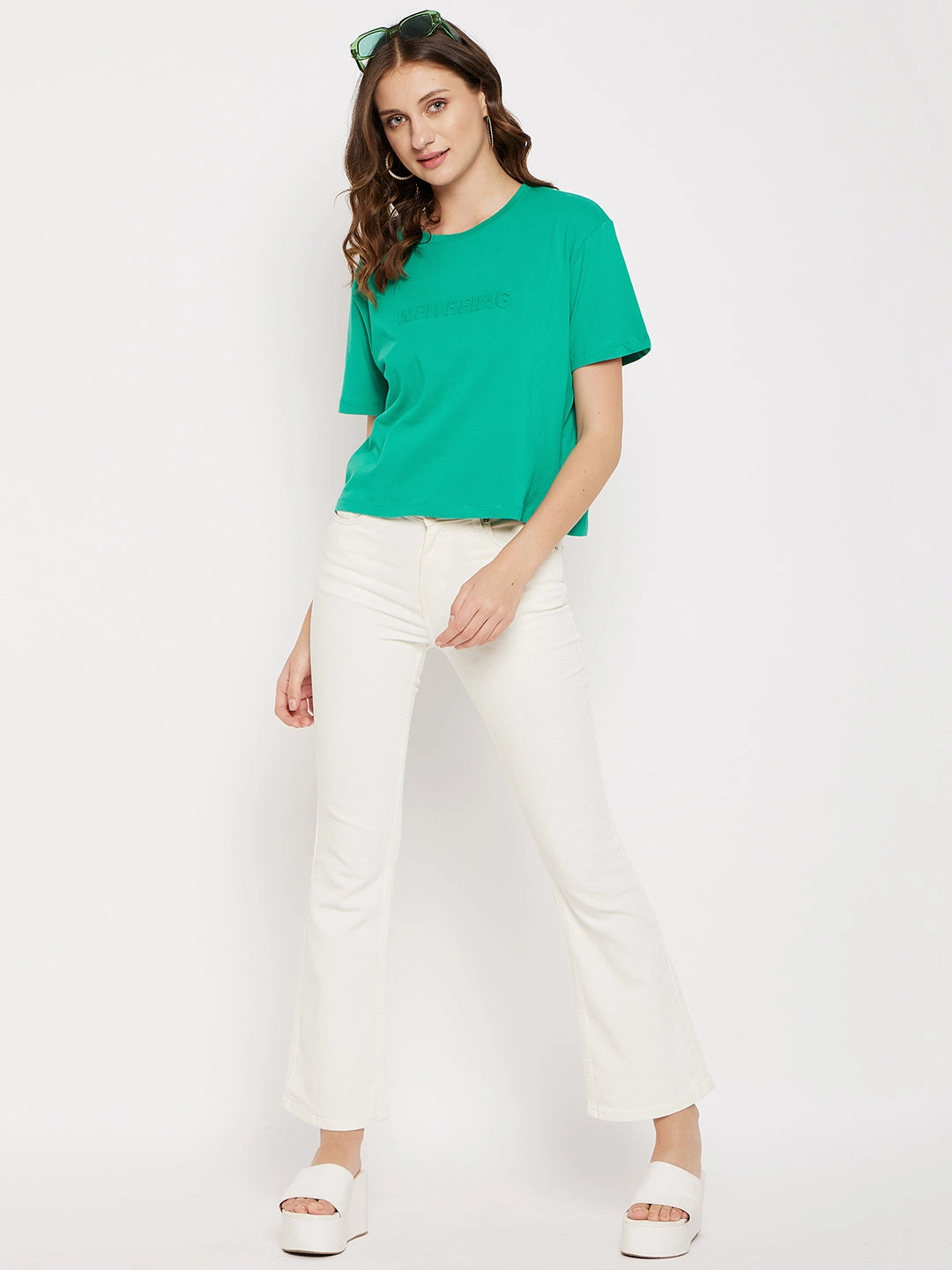 LayeredCollar Contrast Stitch Madame Crew Neck Zen Green Printed T-Shirt