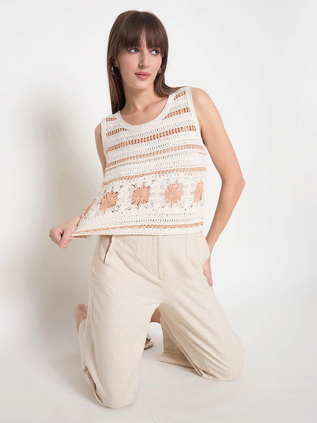 DurableBlend AbrasionResistant Fabric Madame Crochet Sleeveless Solid Beige Cotton Top