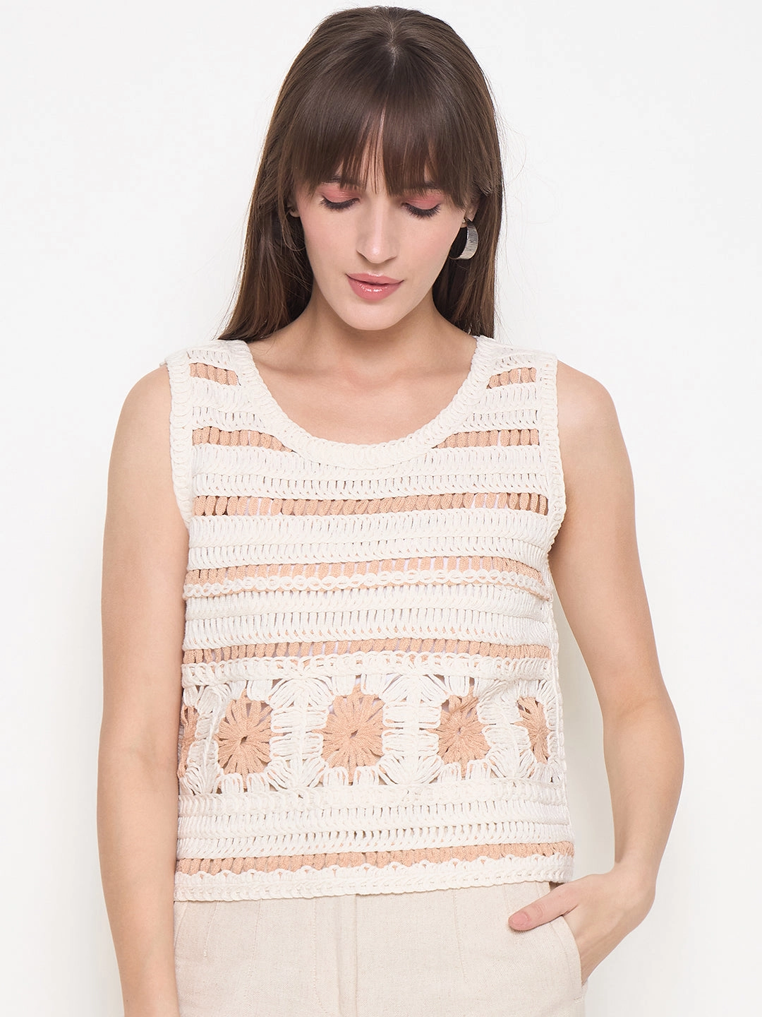 Madame Crochet Sleeveless Solid Beige Cotton Top Hypoallergenic fabric AntiOdor
