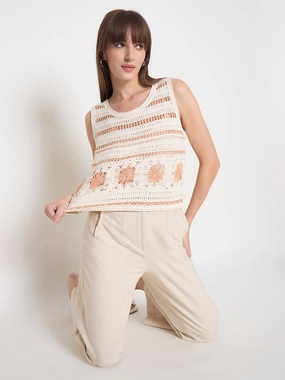 DurableBlend AbrasionResistant Fabric Madame Crochet Sleeveless Solid Beige Cotton Top