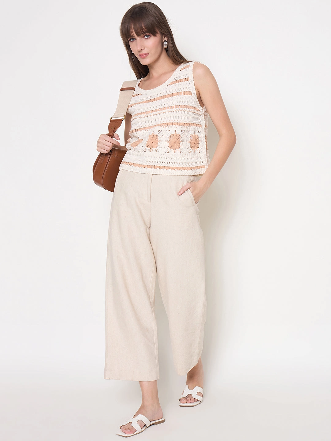 Madame Crochet Sleeveless Solid Beige Cotton Top Bold Design Light Deflection Fabric