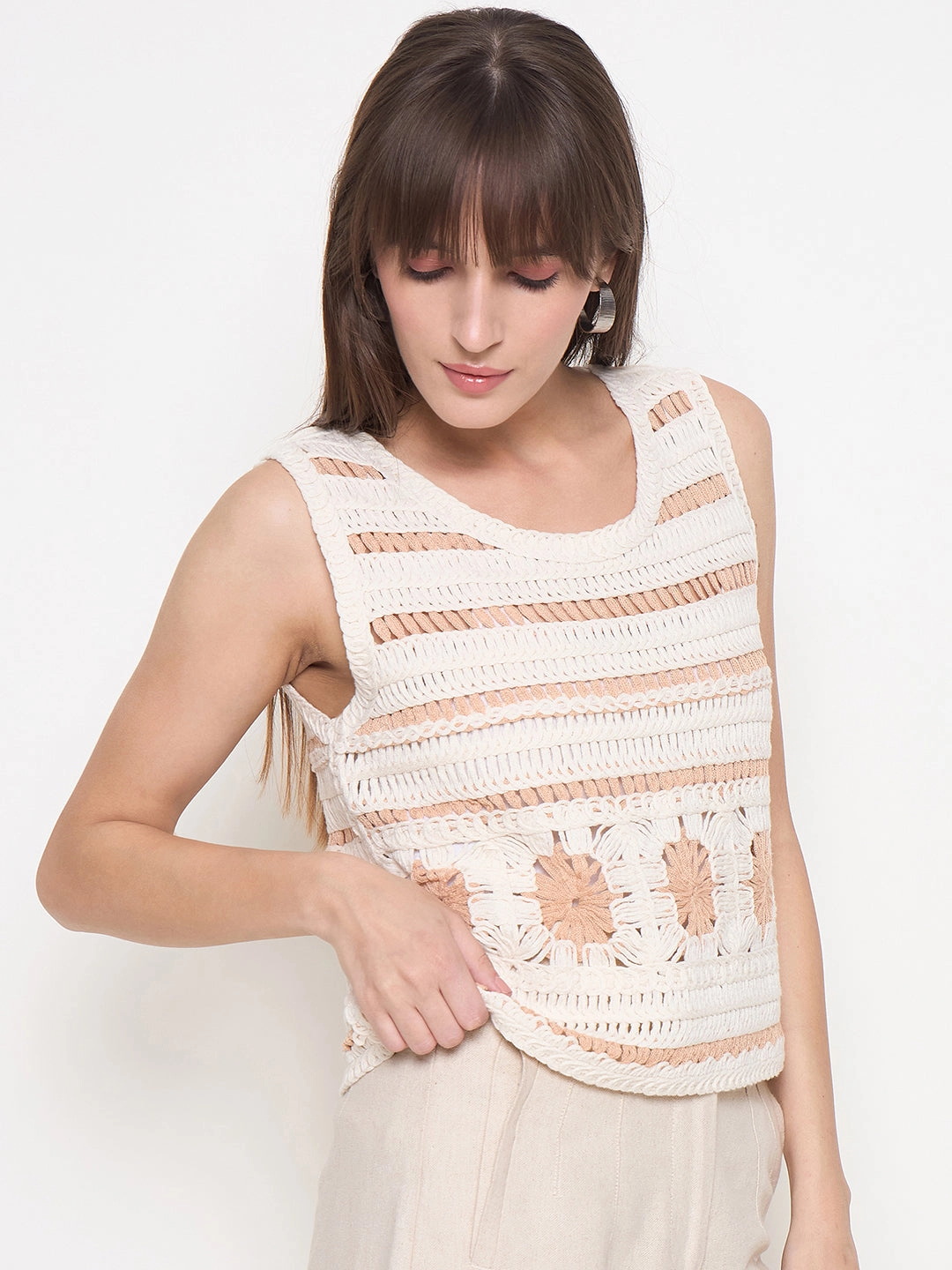 Madame Crochet Sleeveless Solid Beige Cotton Top QuickDrySystem Active Design