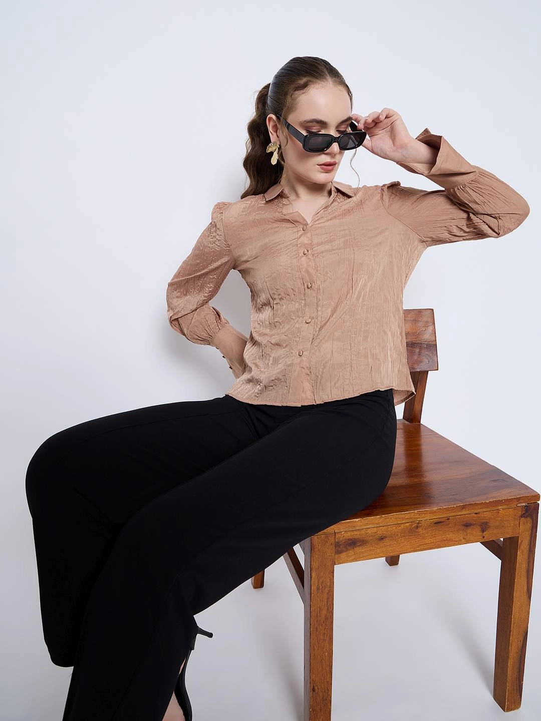 Cultural Inspired Madame Crushed Tissue Flounce Sleeve Beige Shirt