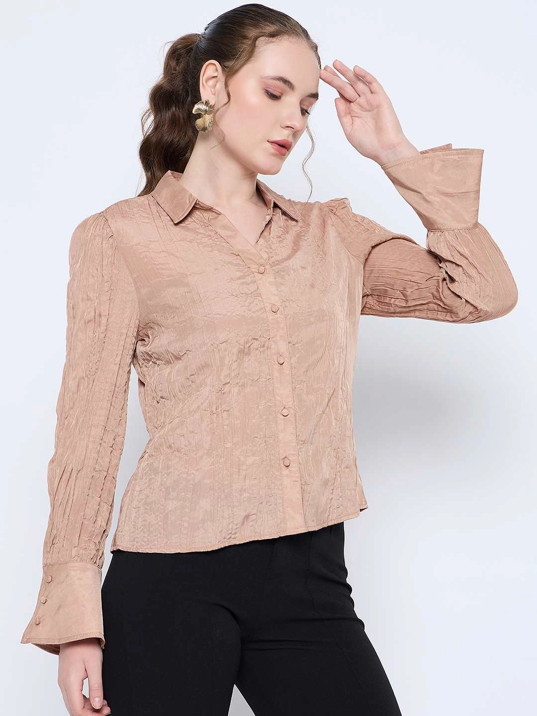 Flatlock stitching Stylish Element Madame Crushed Tissue Flounce Sleeve Beige Shirt