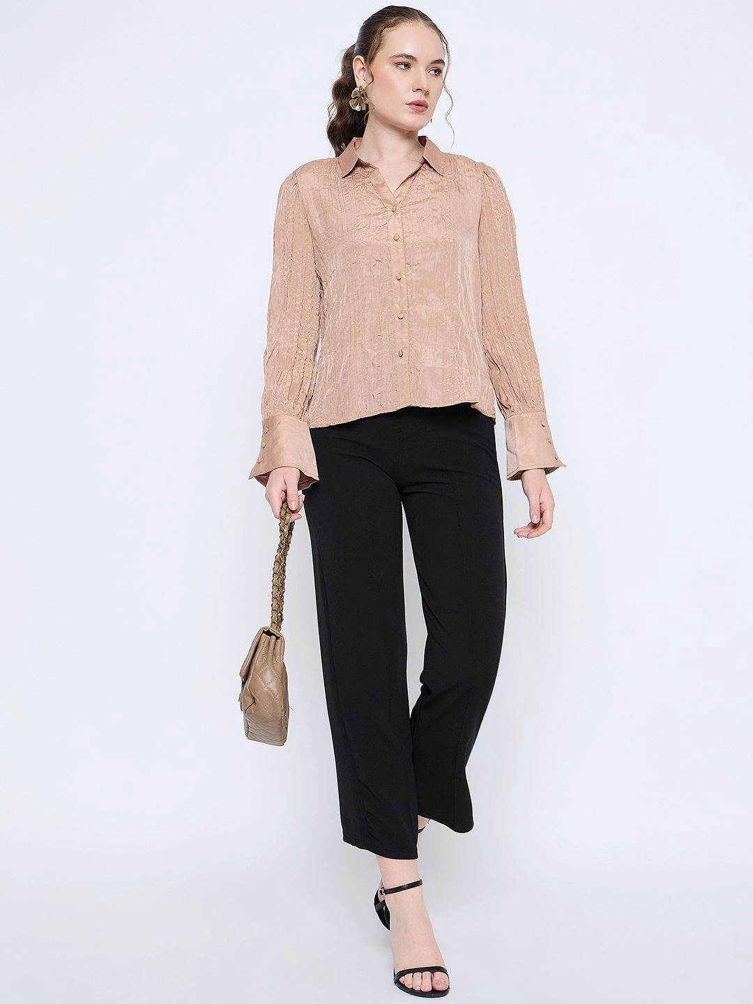 Iconic look Madame Crushed Tissue Flounce Sleeve Beige Shirt