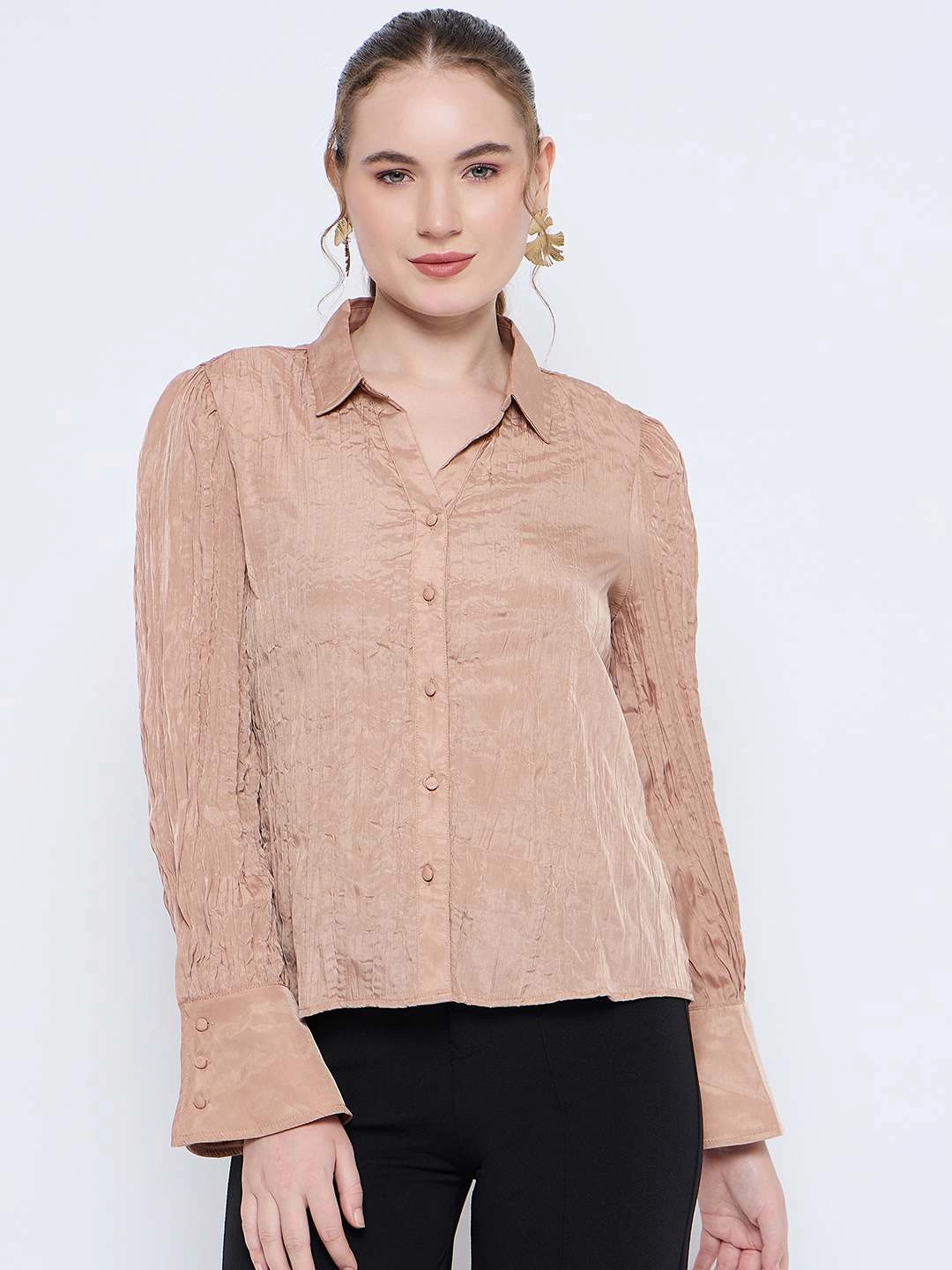 Festive Look Madame Crushed Tissue Flounce Sleeve Beige Shirt