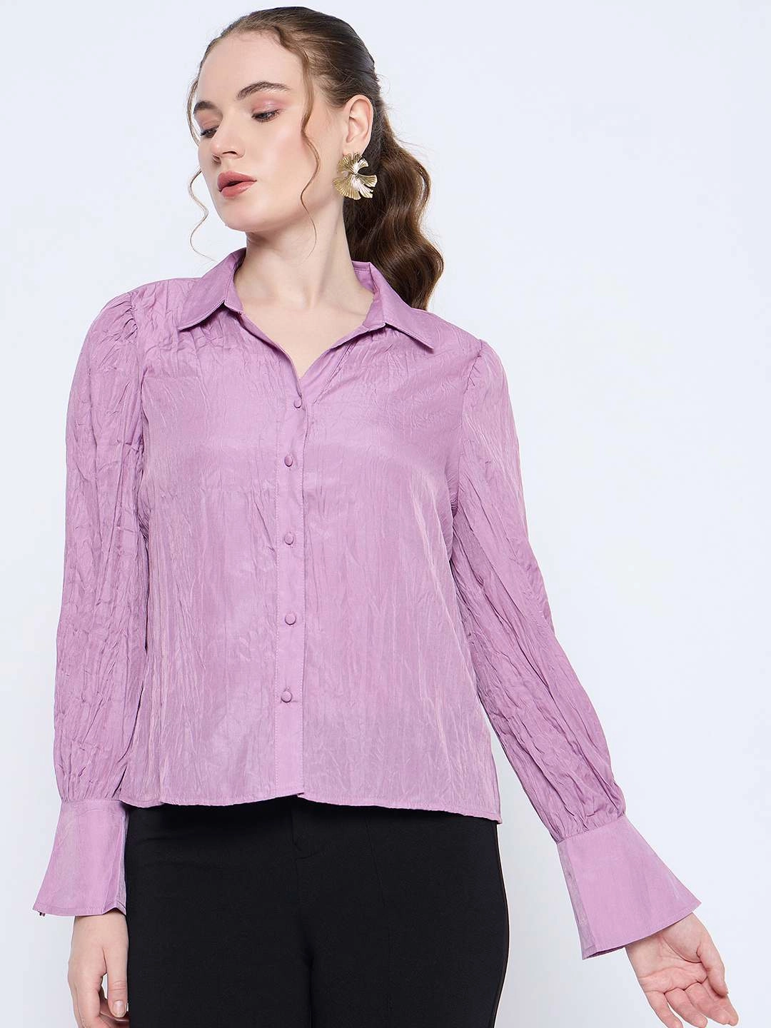 Tall Length gender-neutral Madame Crushed Tissue Flounce Sleeve Muave Shirt