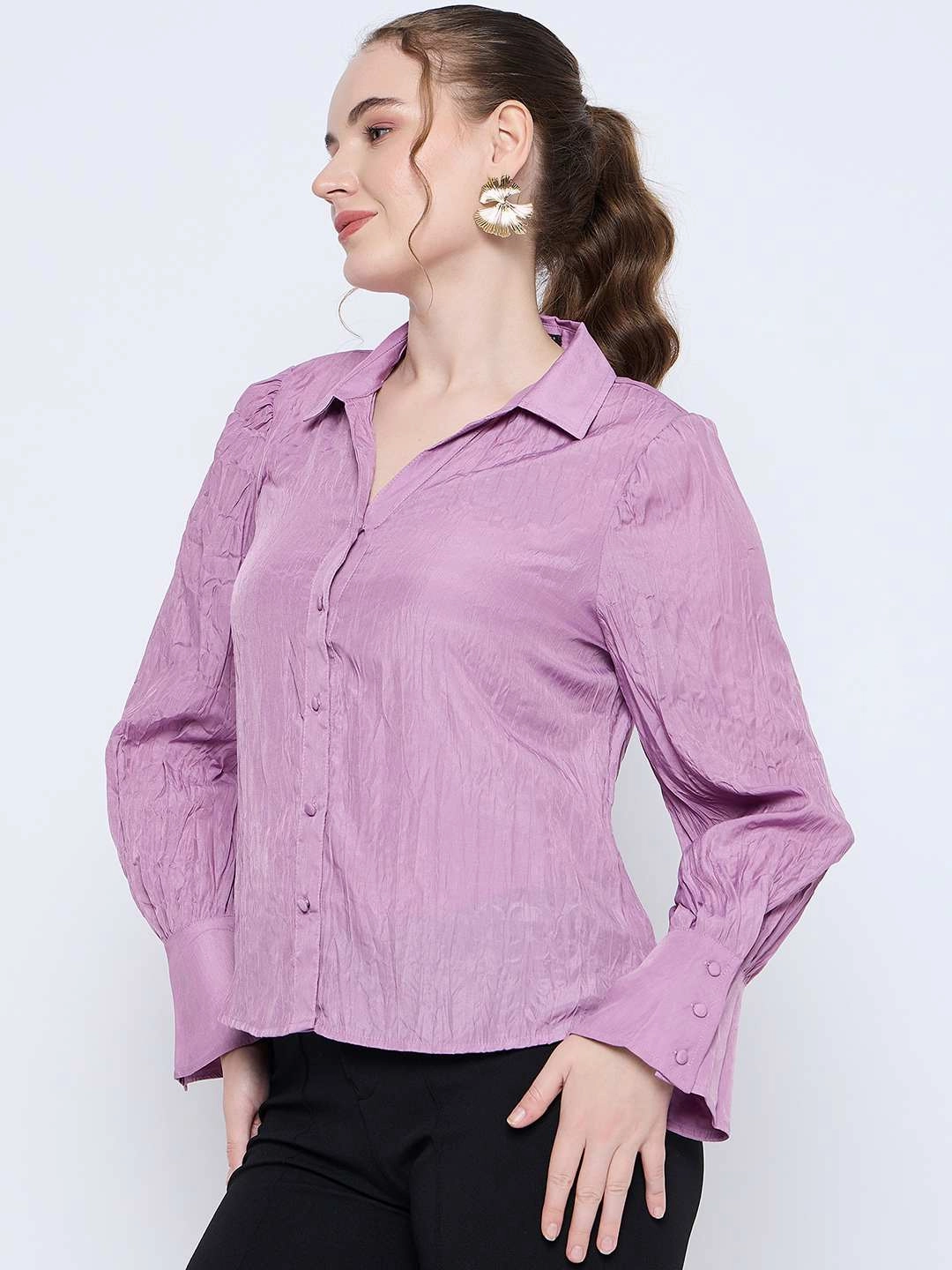 Madame Crushed Tissue Flounce Sleeve Muave Shirt Gym Companion