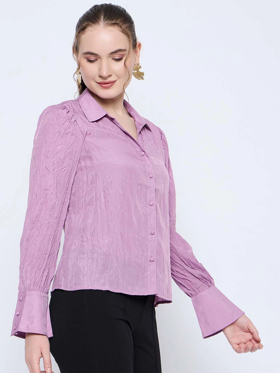 Essential Piece Flexible Wear Madame Crushed Tissue Flounce Sleeve Muave Shirt