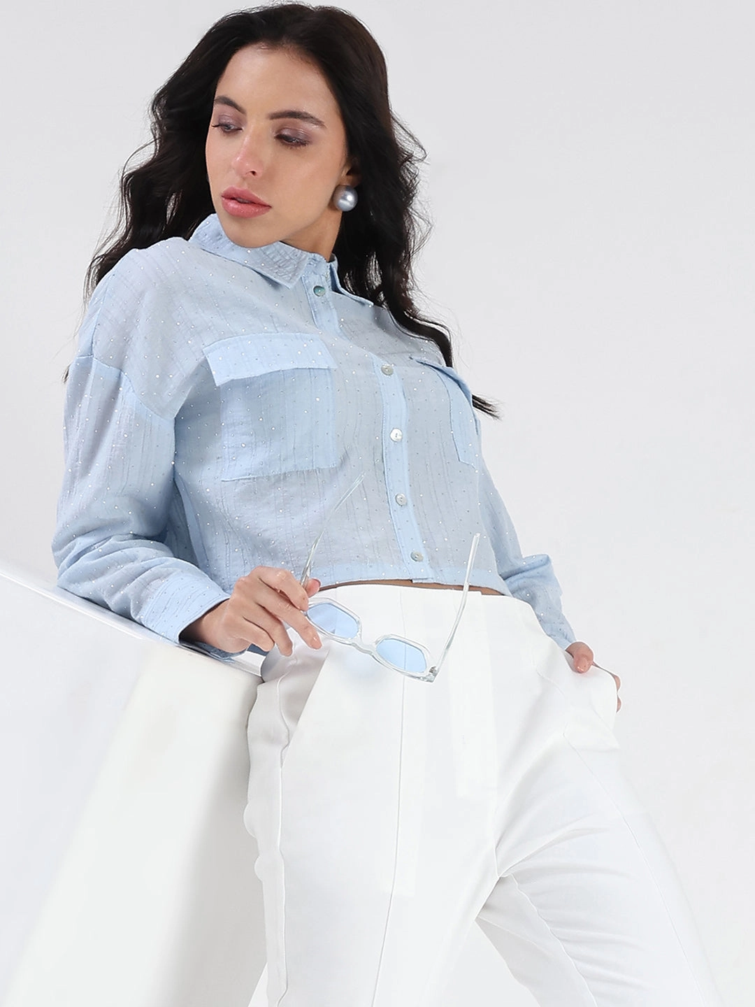 Madame D-Ring Straps Shimmer Detail Ice Blue Shirt Chill Fit