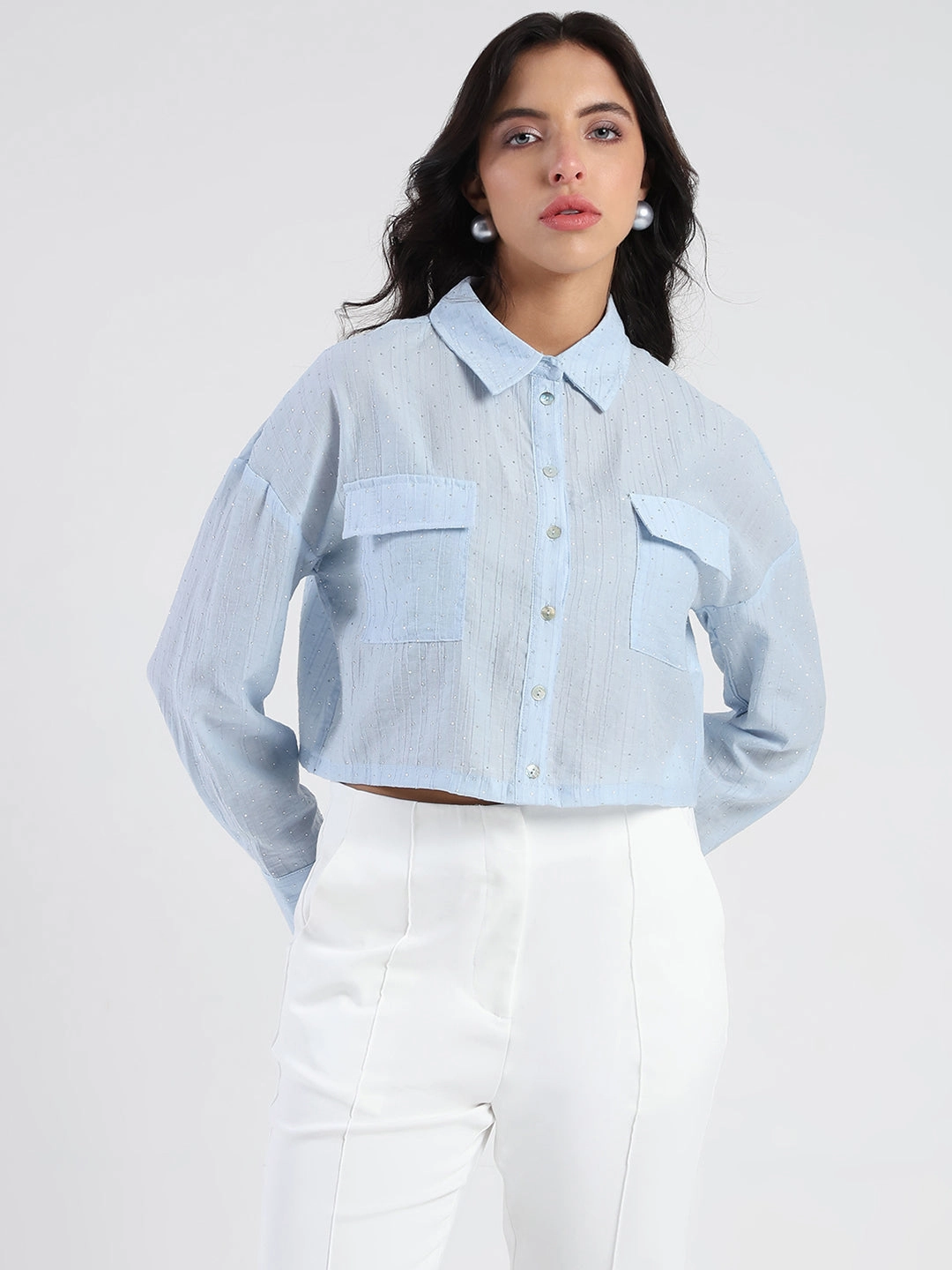 Madame D-Ring Straps Shimmer Detail Ice Blue Shirt Fashion Layer All-day Comfort