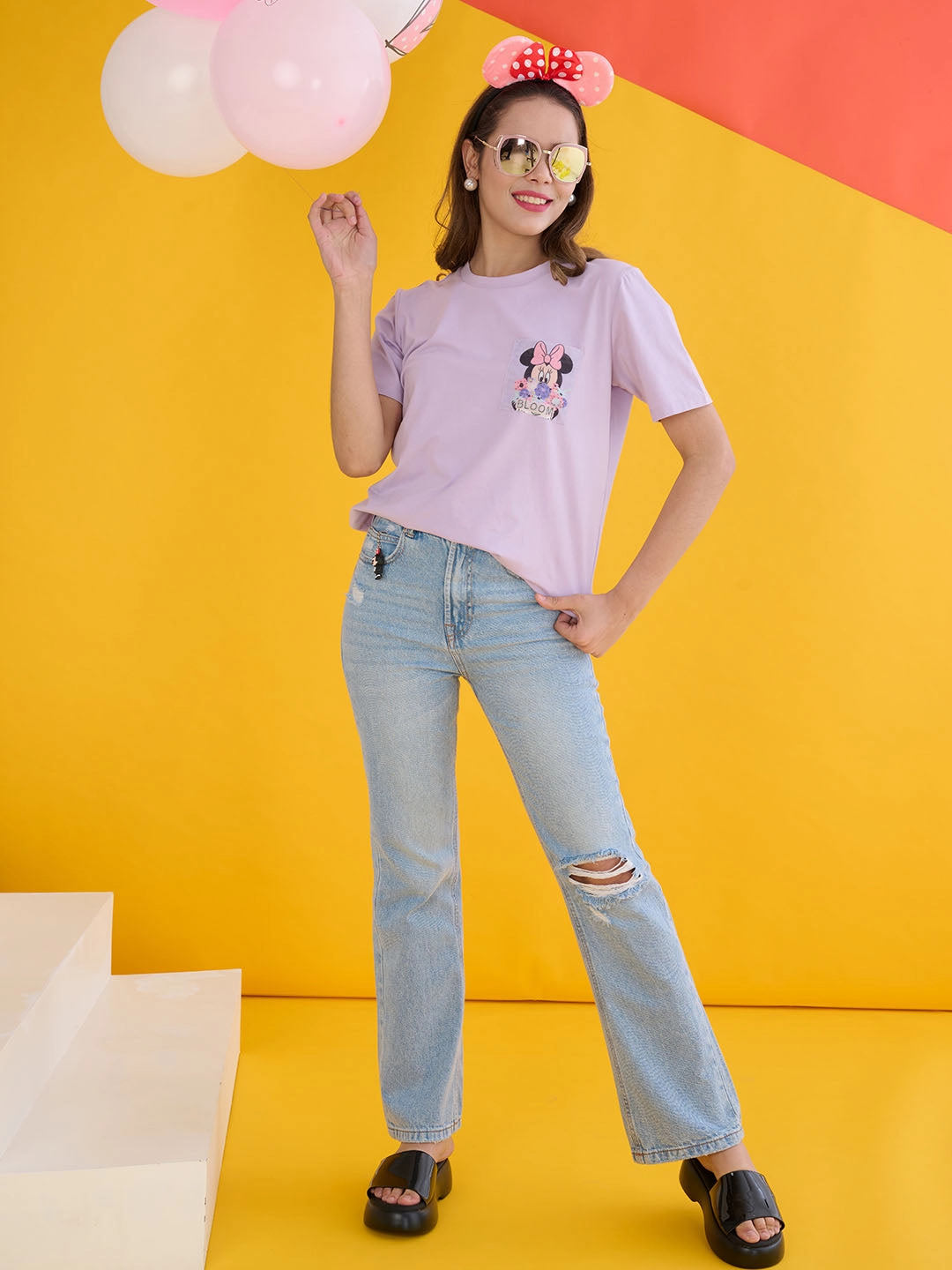 Madame Disney Mickey Mouse Printed Regular Mauve T-Shirt Non Chafing Edges