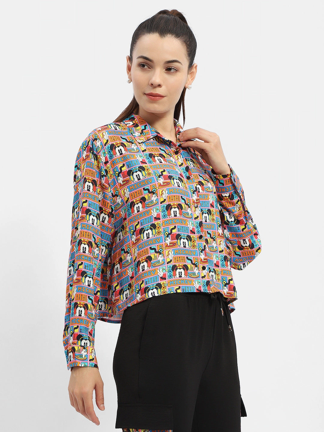 Chic Layer Yoke Design Madame Disney Printed Orange Shirt