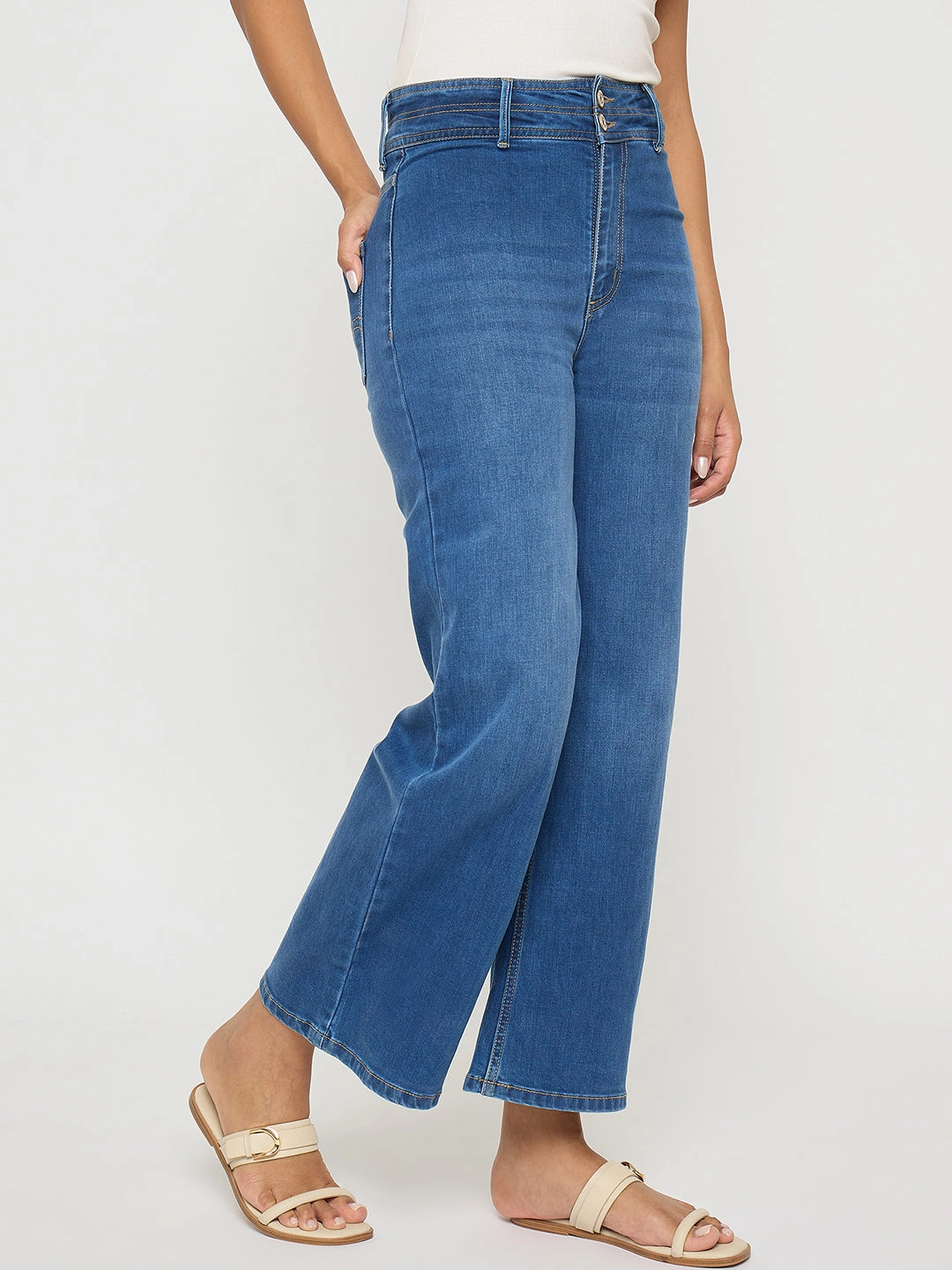 Madame Double Waisted Whiskered Wide Leg Mid Blue Jeans Day Off Fit Reinforced Pockets