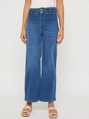 Madame Double Waisted Whiskered Wide Leg Mid Blue Jeans Wear It All