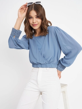 VentilatedBackPanel Madame Elasticated Hem Blue Wrap Crop Top