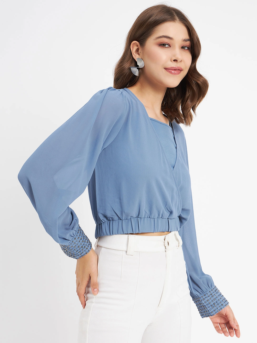 Madame Elasticated Hem Blue Wrap Crop Top Warm Layer