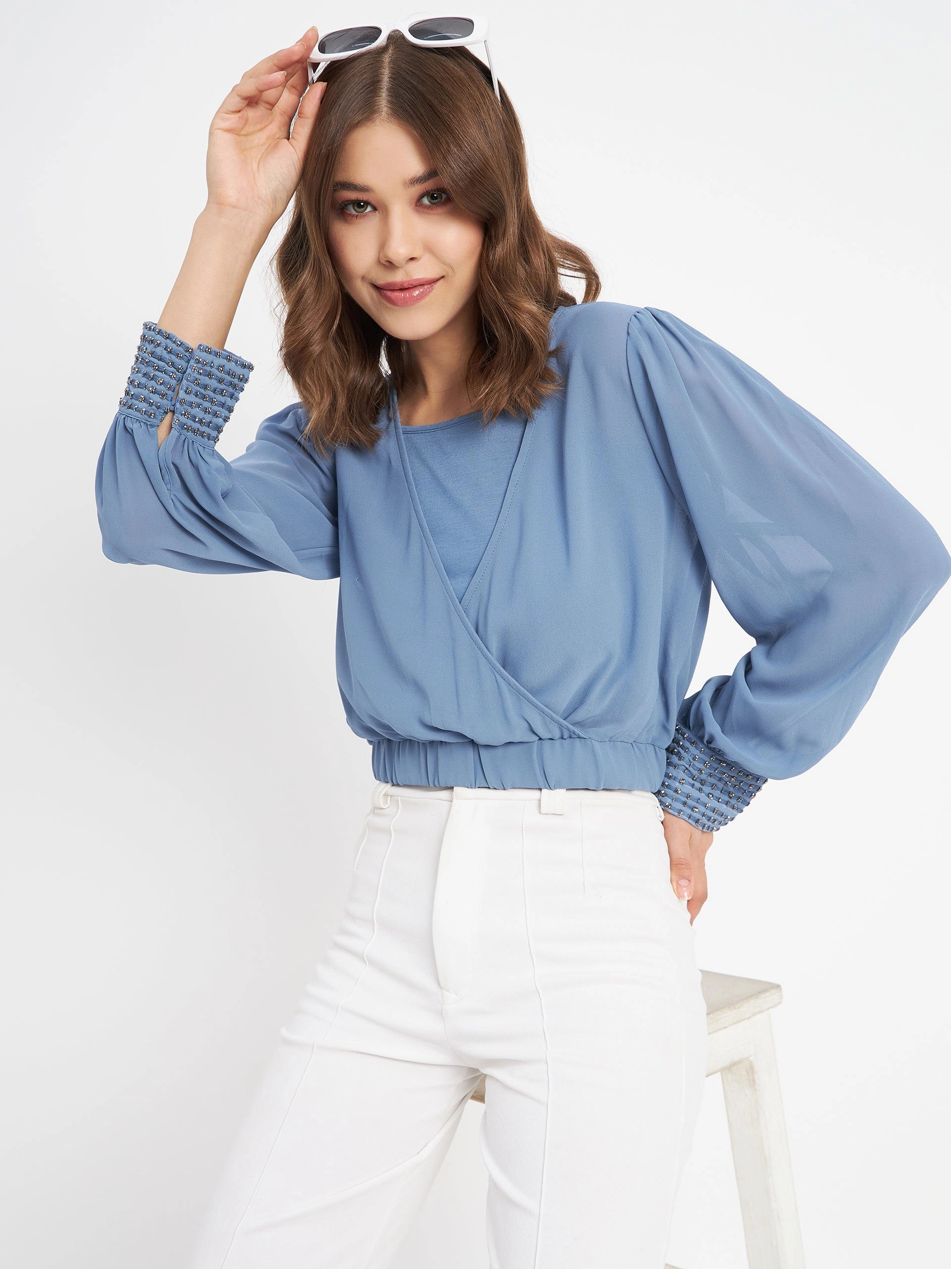 VentilatedBackPanel Madame Elasticated Hem Blue Wrap Crop Top