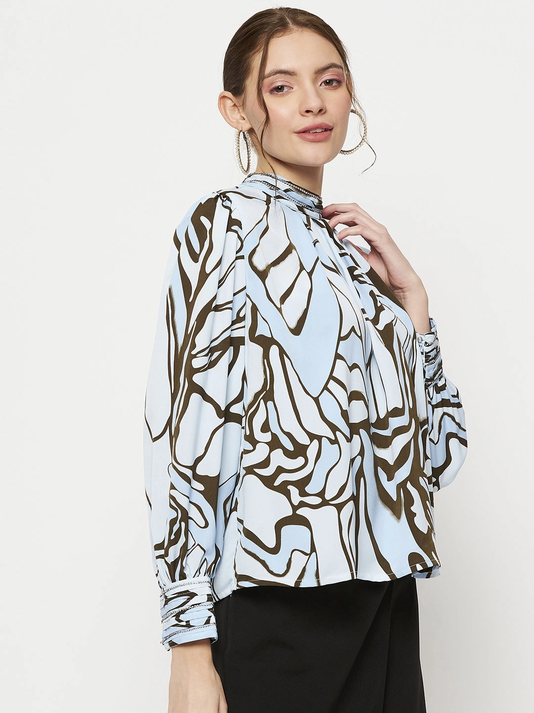 Madame Embellished Butterfly Print Sky Blue Mock Neck Top Versatile Base Layer