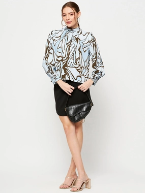 Madame Embellished Butterfly Print Sky Blue Mock Neck Top Structured Shoulder Quick Dry Blend