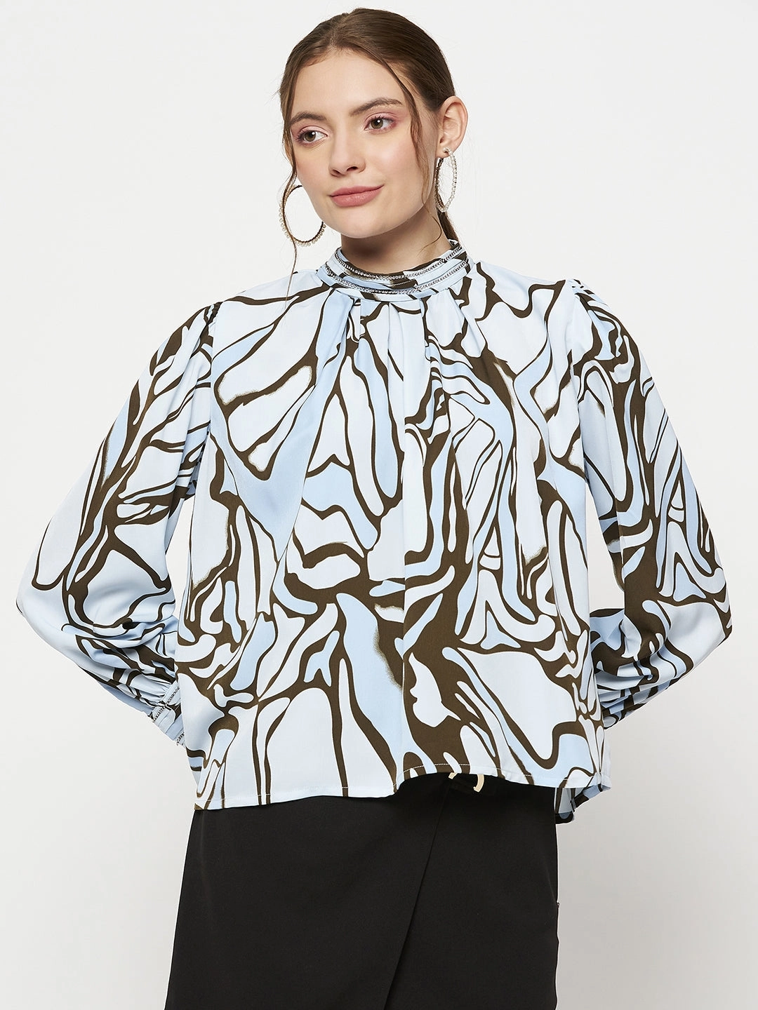 FoldableFeature Soft Cotton Blend Madame Embellished Butterfly Print Sky Blue Mock Neck Top