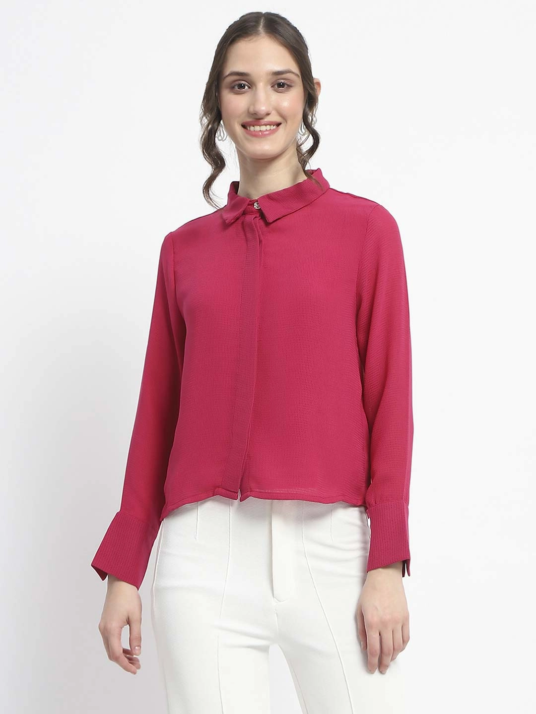 Networking Session Festive Look Madame Embellished Button Down Solid Hot Pink Shirt