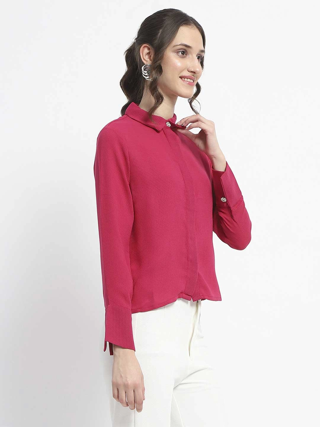 Printed design Pocket Detailing Madame Embellished Button Down Solid Hot Pink Shirt