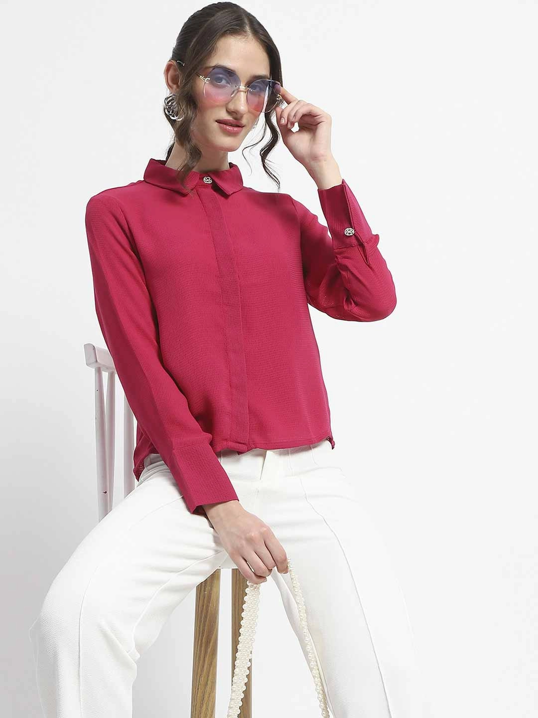 Madame Embellished Button Down Solid Hot Pink Shirt Timeless Fit Tailored Silhouette