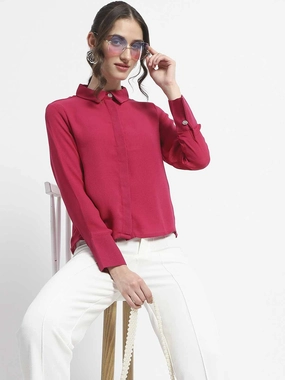 Madame Embellished Button Down Solid Hot Pink Shirt Timeless Fit Tailored Silhouette