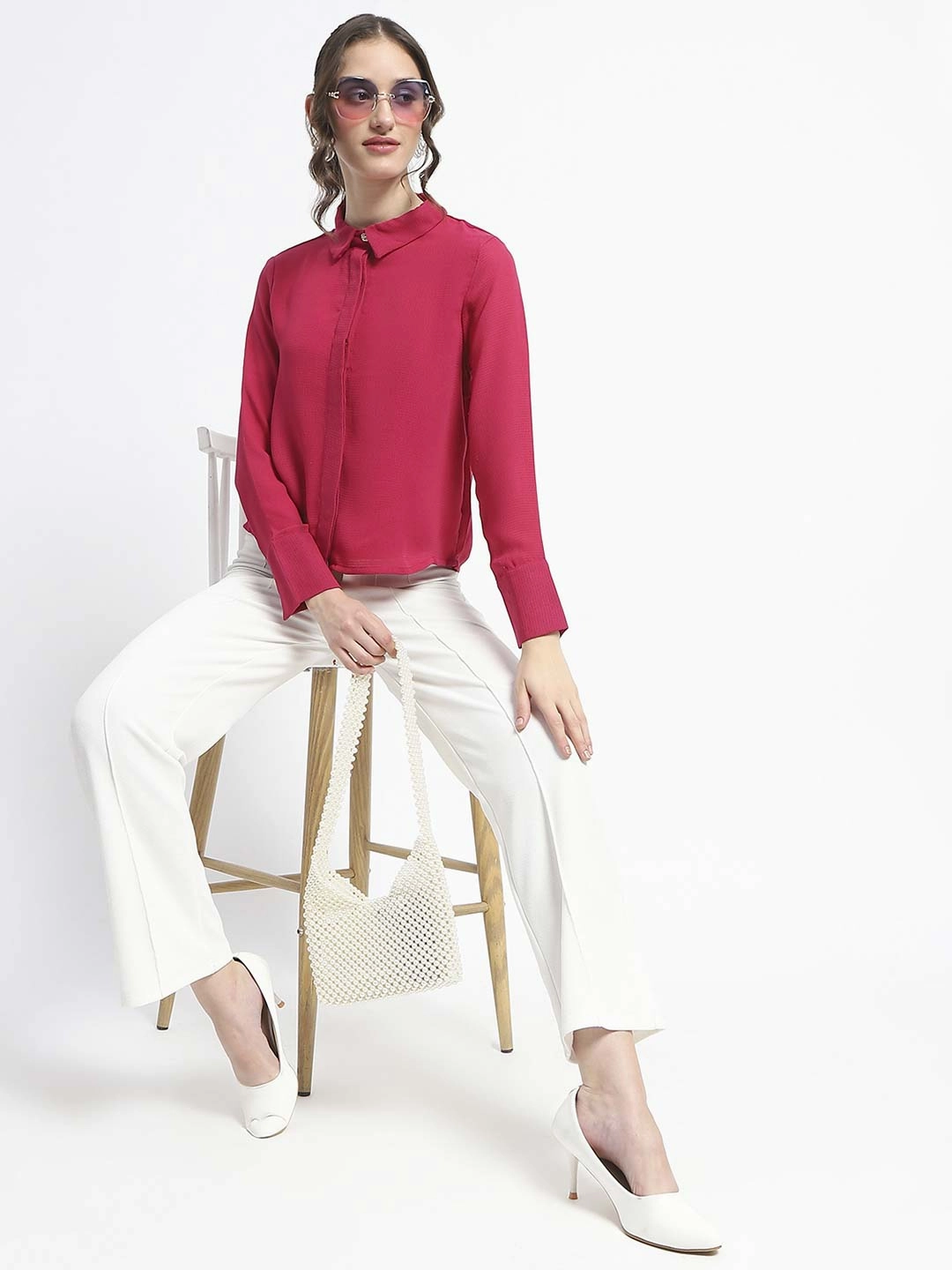 Comfort Wear Odor control Madame Embellished Button Down Solid Hot Pink Shirt