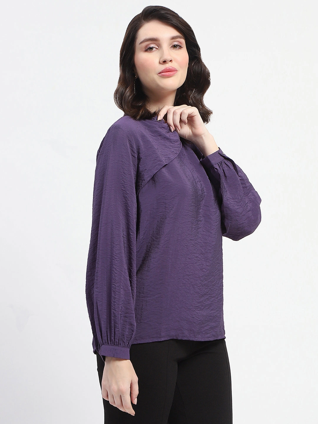 Madame Embellished Collar Ban Neck Solid Purple Top ReflectiveTrimDetails