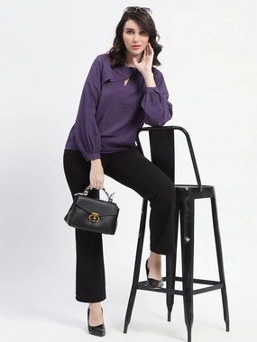 OdorResistantFinish Hidden Pocket Design Madame Embellished Collar Ban Neck Solid Purple Top