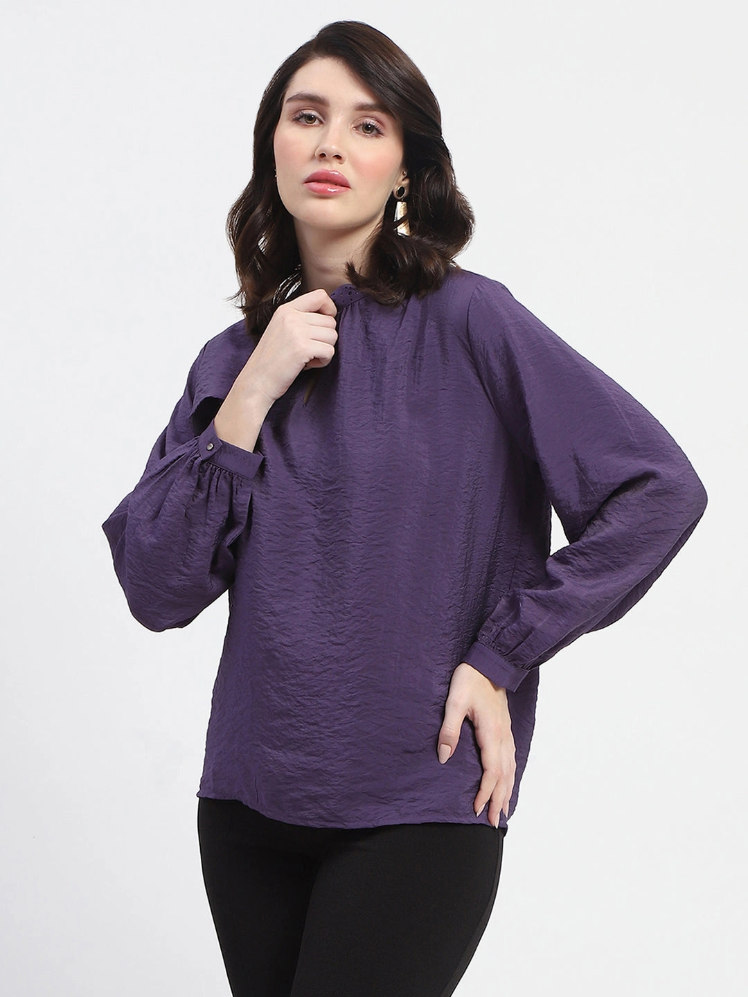 Madame Embellished Collar Ban Neck Solid Purple Top Stain Resistant Treatment