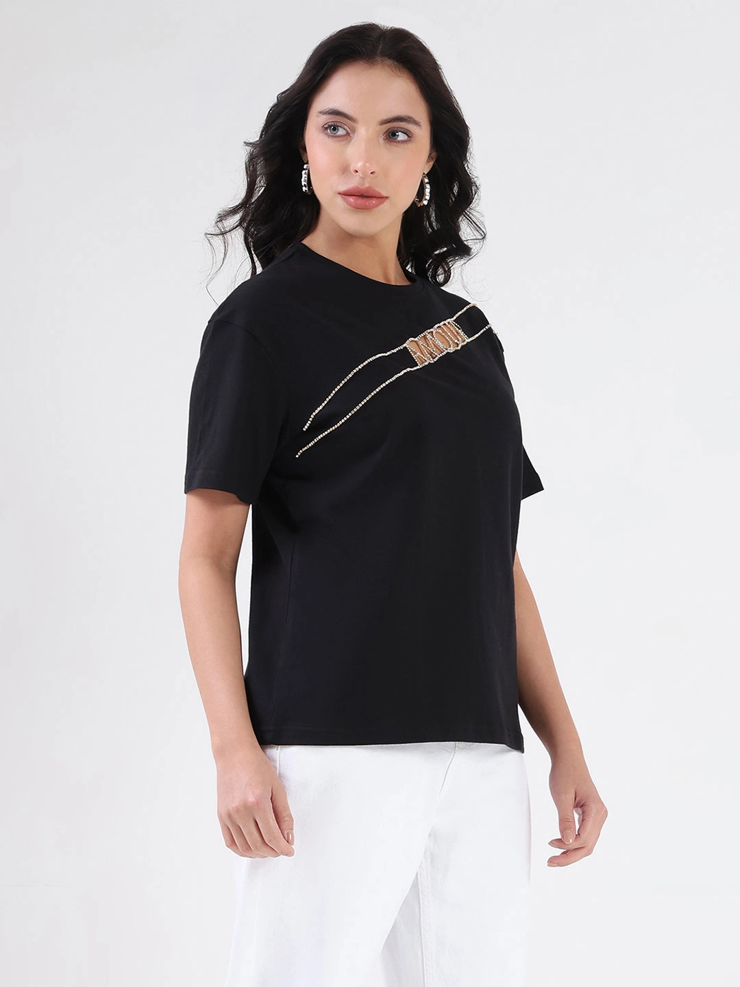 LightweightDesign Madame Embellished Cutwork Detail Black Cotton T-shirt