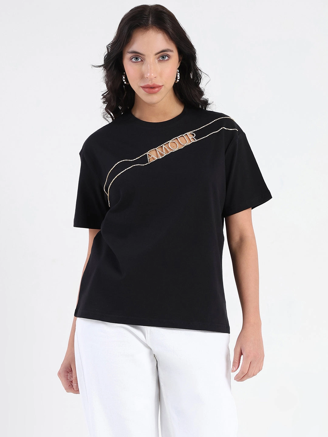 Madame Embellished Cutwork Detail Black Cotton T-shirt Eco Friendly Dye Process Sporty Blouse