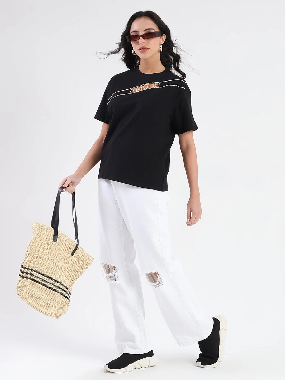 NeutralPalette Madame Embellished Cutwork Detail Black Cotton T-shirt