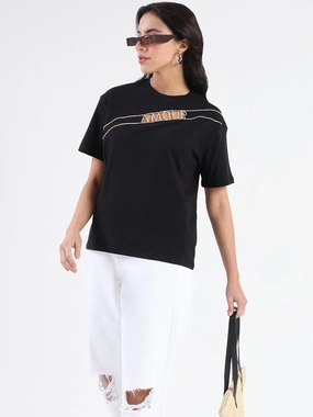 Madame Embellished Cutwork Detail Black Cotton T-shirt WideNeckOpening Flexible Cuffs