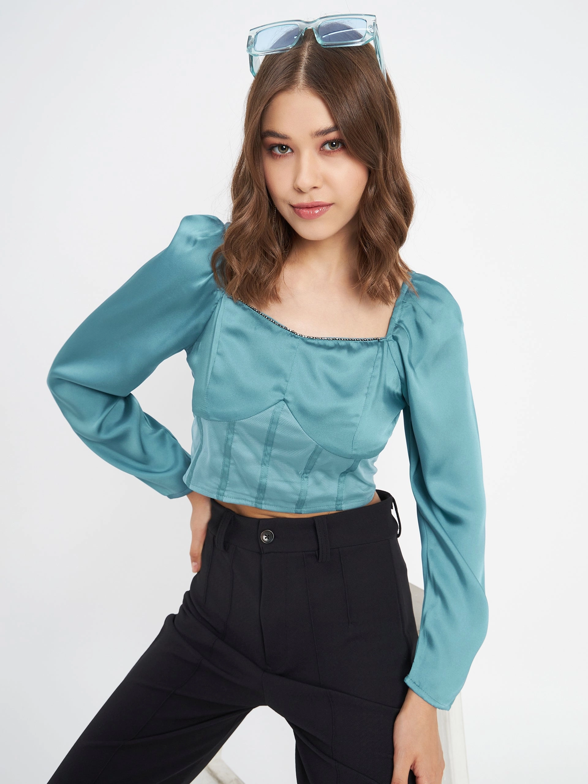 Madame Embellished Detail Corset Style Blue Top NonIrritatingEdges Professional Cut