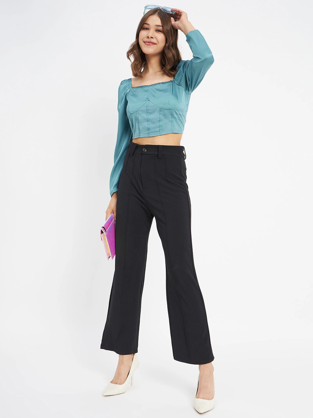 Relaxed Crew Neck Opening Madame Embellished Detail Corset Style Blue Top