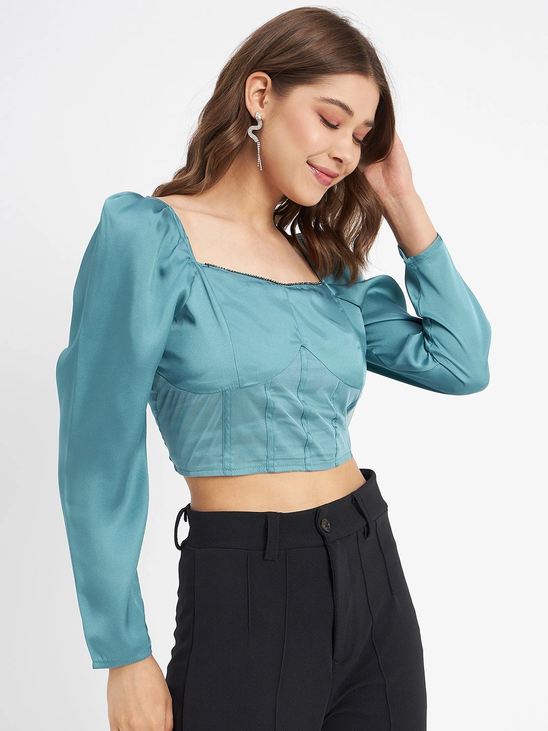 Madame Embellished Detail Corset Style Blue Top Snag Free Fabric