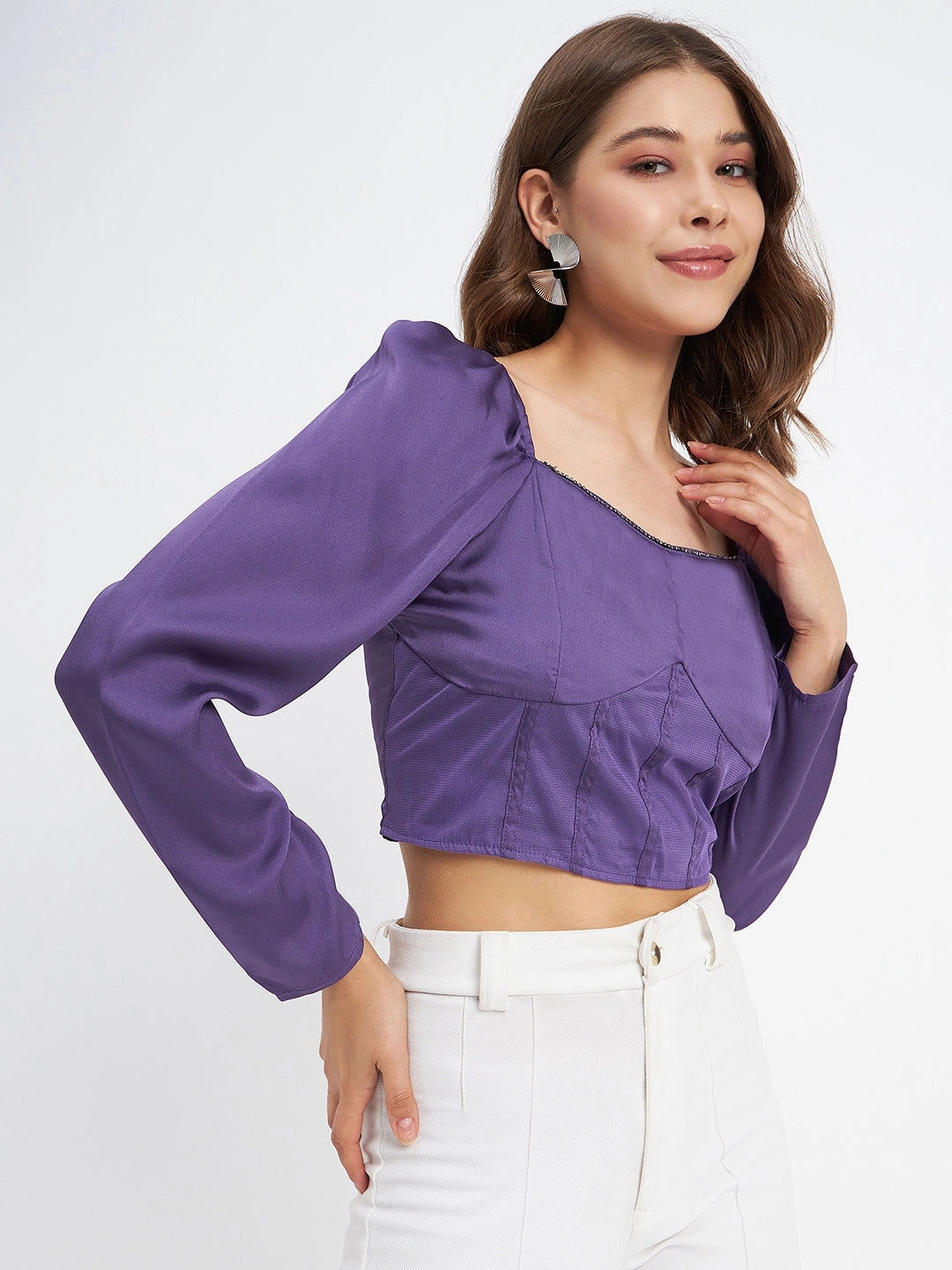 Madame Embellished Detail Corset Style Purple Top FrictionResistant Fabric RibbedTexture