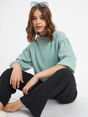Fitted Shirt Minimalist Design Madame Embellished Neckline Turtle Neck Solid Mint Green Top
