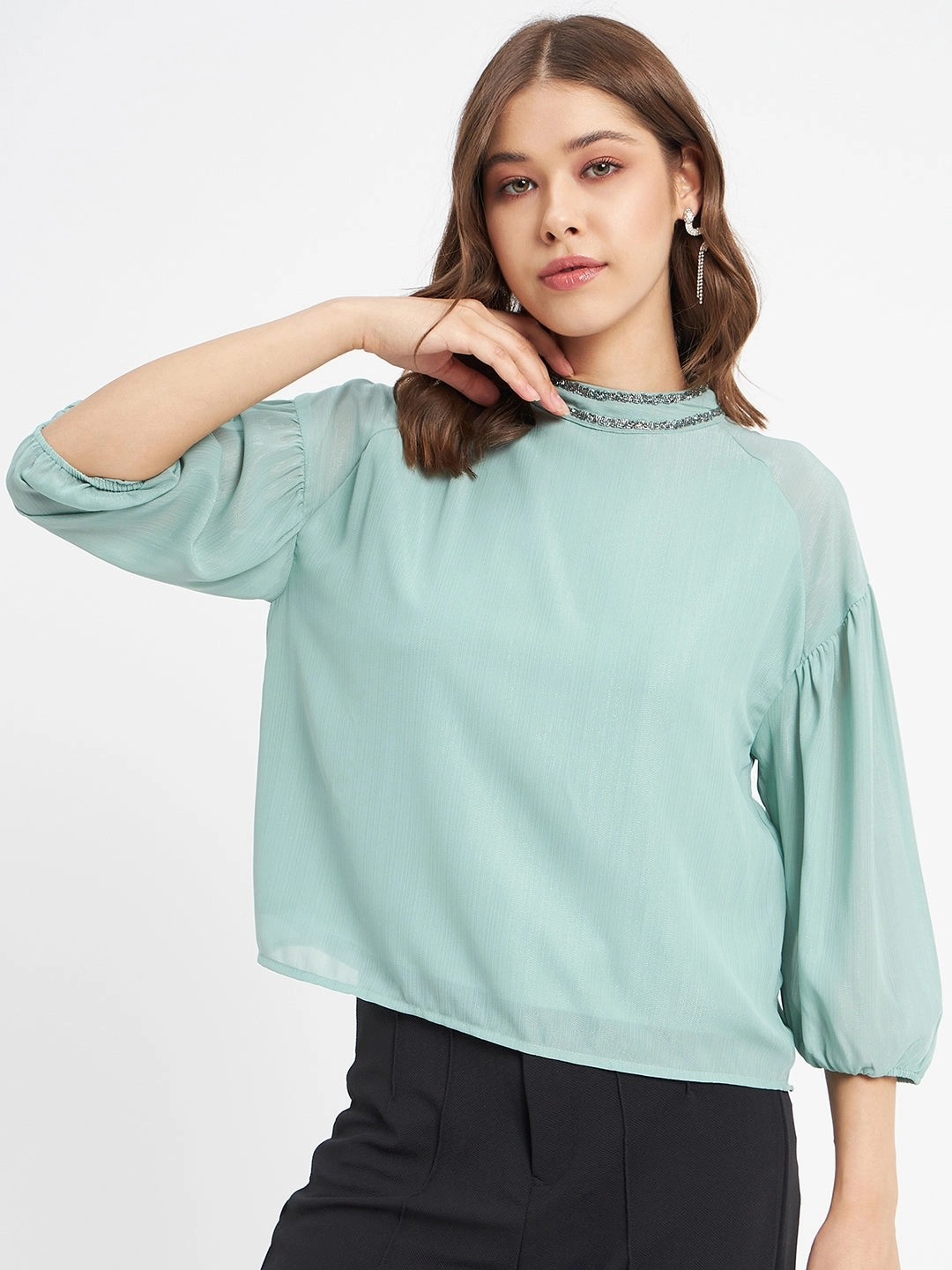 Madame Embellished Neckline Turtle Neck Solid Mint Green Top Breathable Mesh Insert