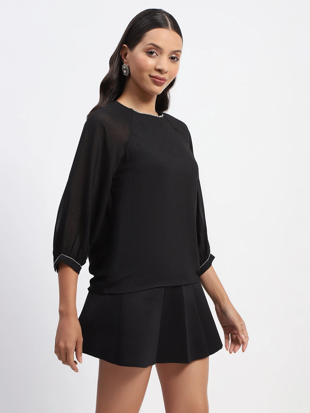 Madame Embellished Puffed Sleeve Black Top PolyesterBlend Quick Release Fastener