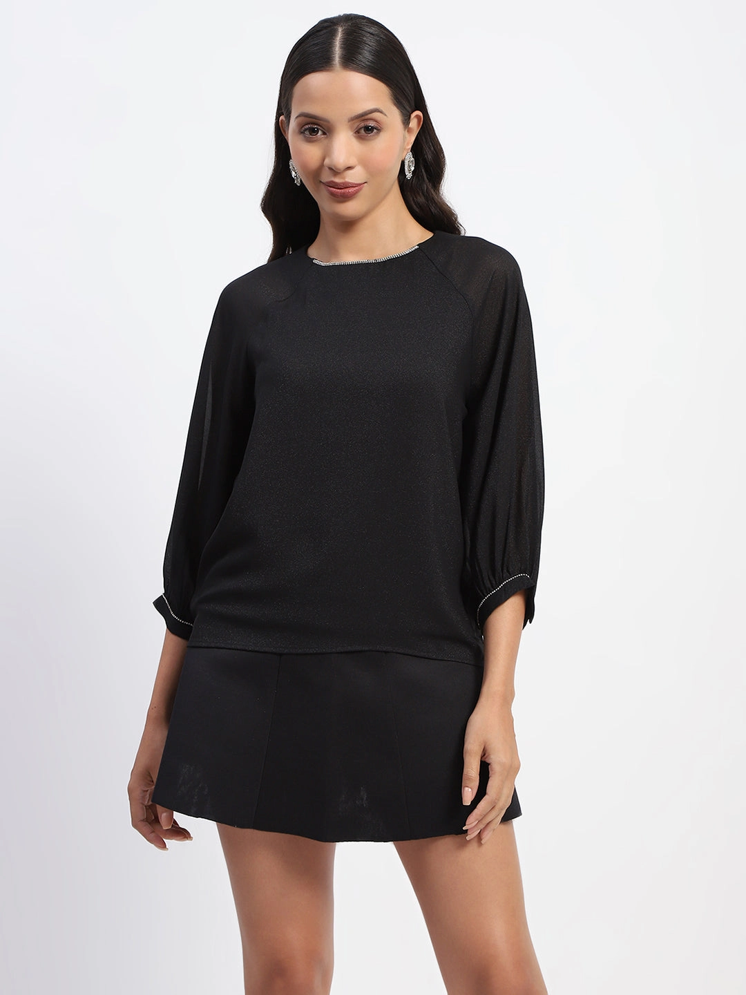 WeightedHem Madame Embellished Puffed Sleeve Black Top